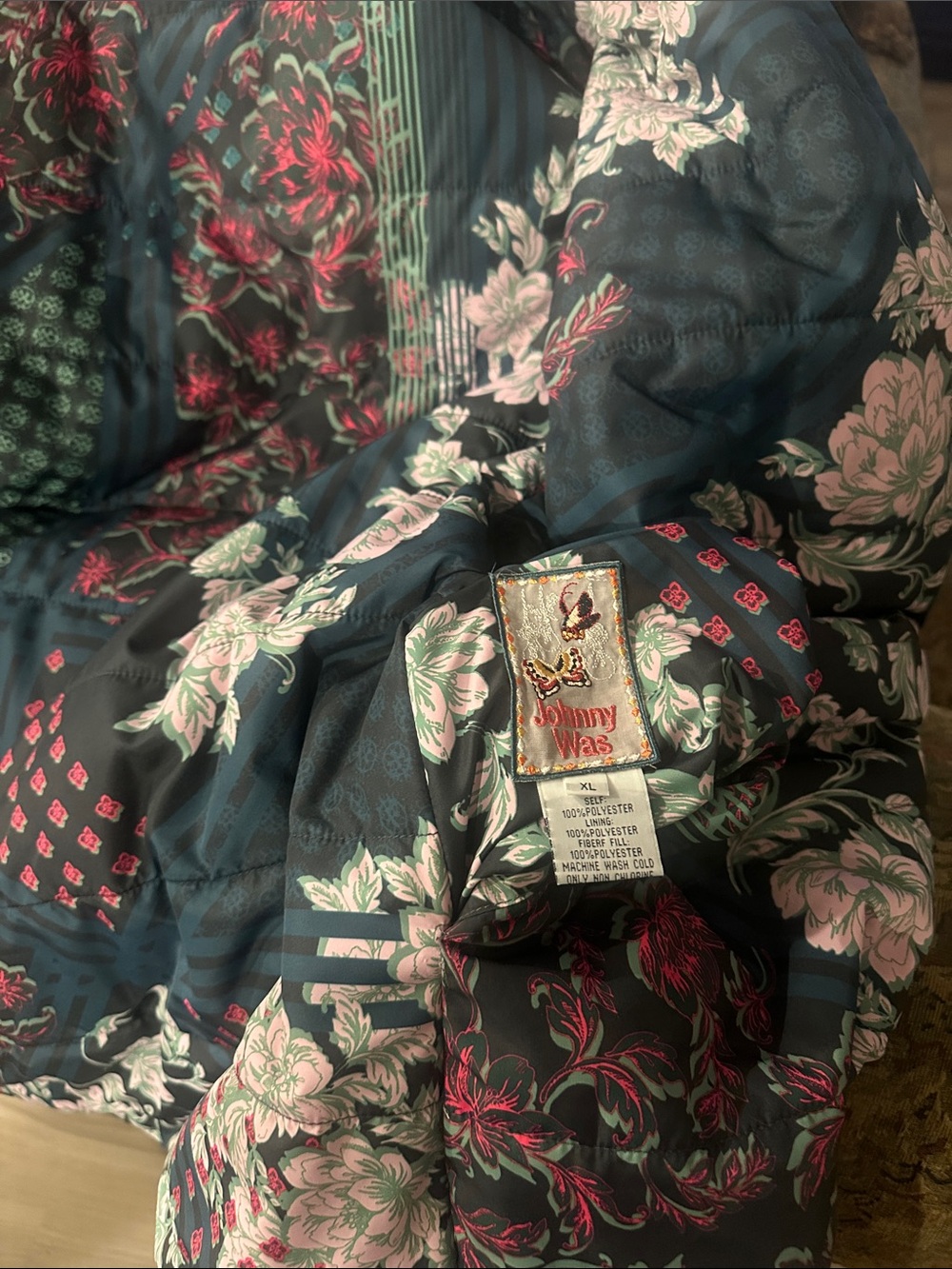 Johnny Was Reversible Quilted Floral Puffer Jacket in Teal, Pink and Cream